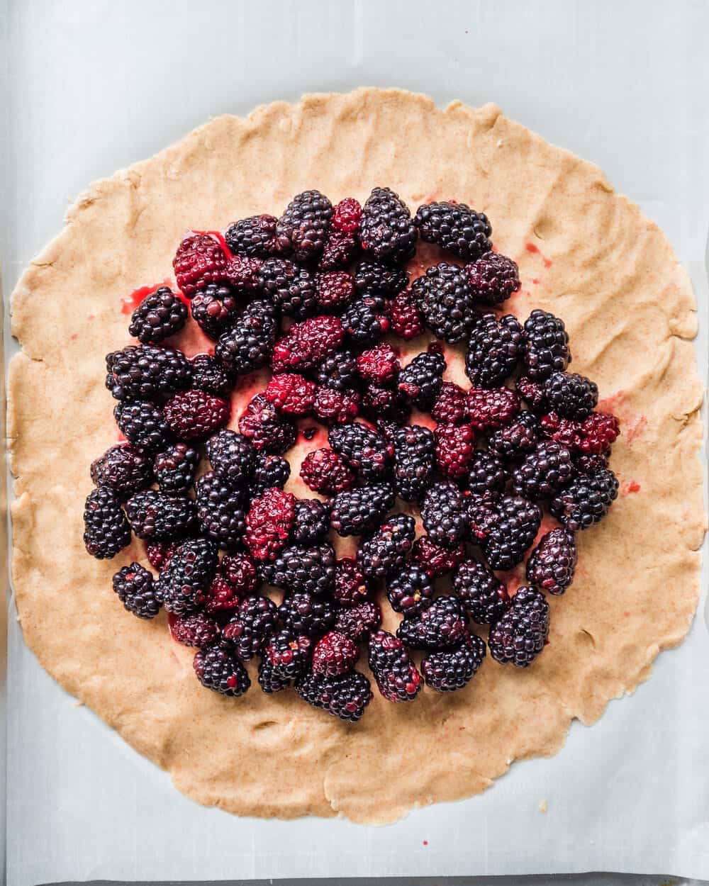 Blackberries on raw galette dough.