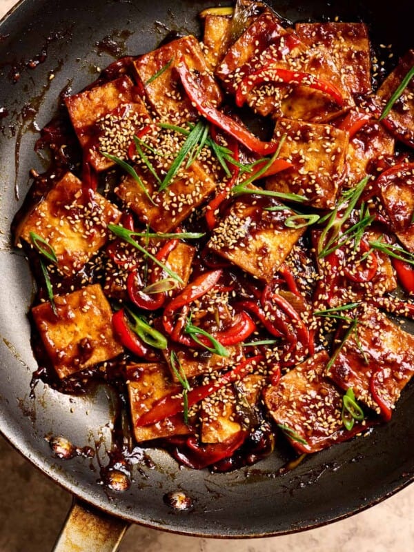 finished braised tofu in a saucepan.