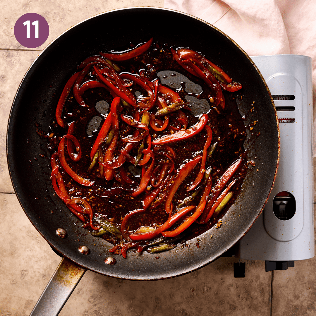 Veggies and braising liquid in the pan after they've simmered for a while.