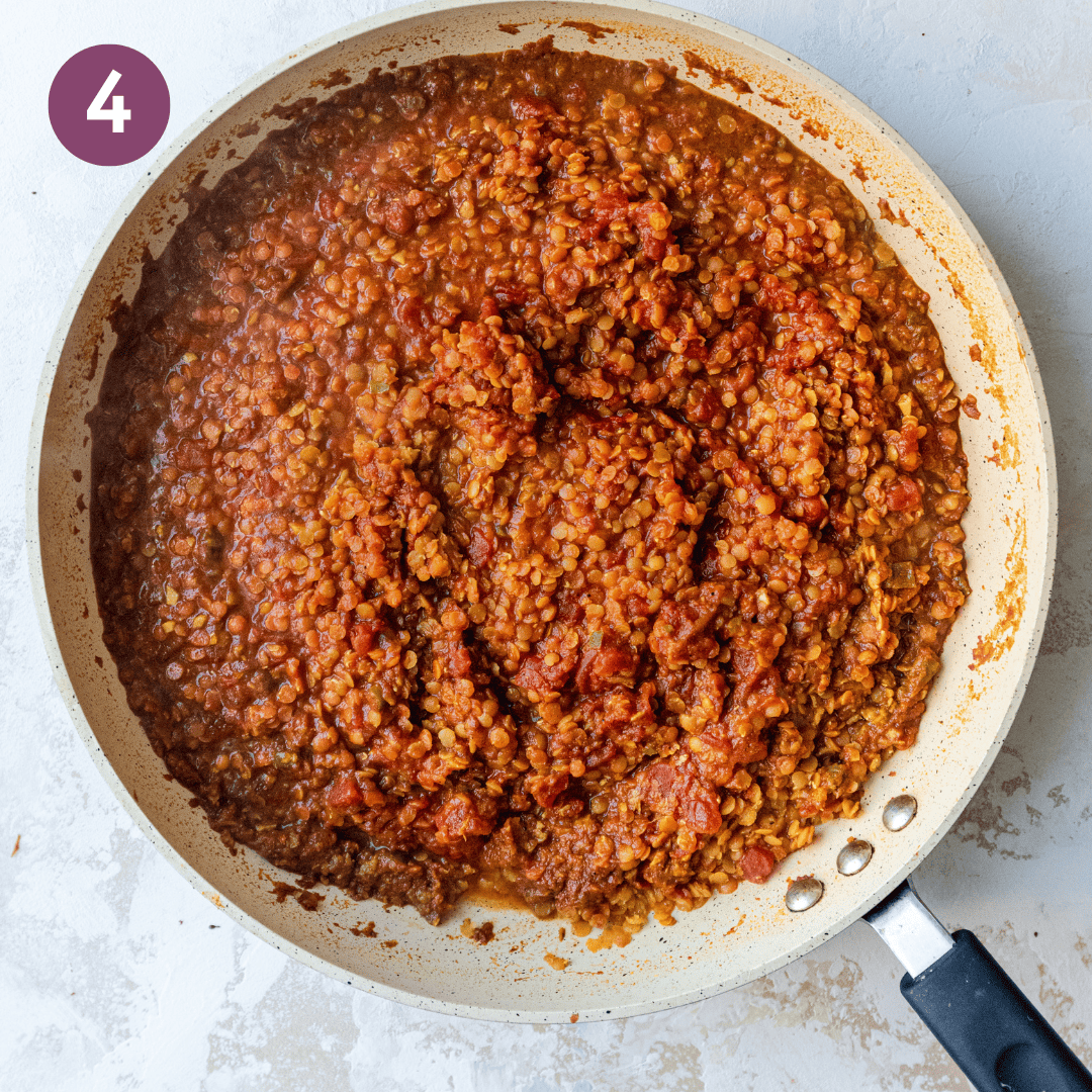 cooked lentil mixture in skillet.